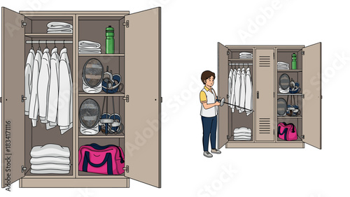 Woman organizing locker room wardrobe with sports equipment and white shirts