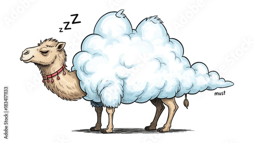 Dreamy Cloud Camel: A whimsical illustration of a camel, its humps transformed into fluffy clouds, drifting peacefully with closed eyes, embodies tranquility.