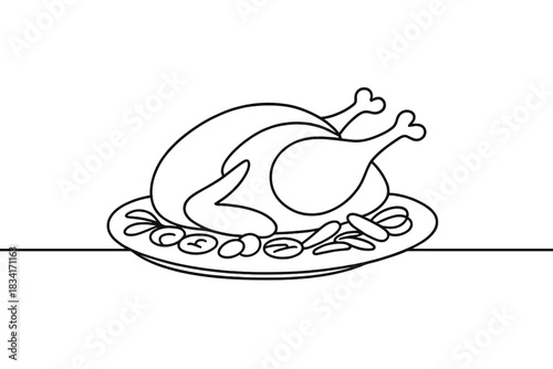 Minimalist Holiday Roast. Festive holiday roast. Minimalistic one-line drawing roasted turkey with vegetables