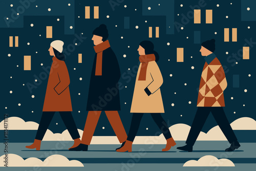 Geometric Winter Stroll. Snowy urban fashion minimalist flat illustration of people with geometric winter