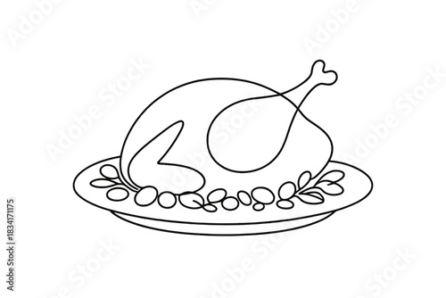 Minimalist Turkey Illustration. Winter holiday roast. Minimalistic one-line drawing turkey on platter with