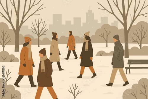 Winter Park Stroll. City park winter outfits minimalist flat illustration of people wearing winter clothing