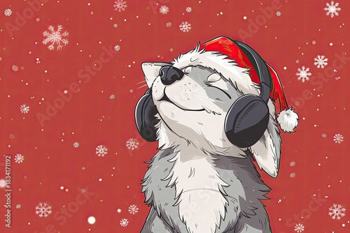 Funny wolf wearing Santa hat listens to music, ideal for seasonal ads, festive cards, and holiday media use