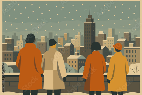 Geometric Winter Cityscape. City rooftop winter fashion minimalist flat illustration of figures in geometric