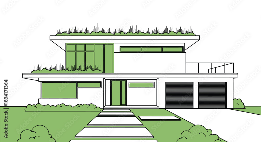 Obraz premium Modern house green roof architecture design home exterior drawing