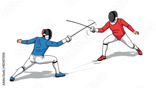 Dynamic fencing duel with energetic movements in modern flat style