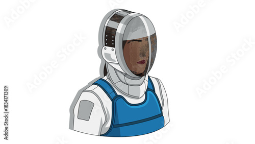 Modern fencing athlete in protective gear with helmet and blue vest