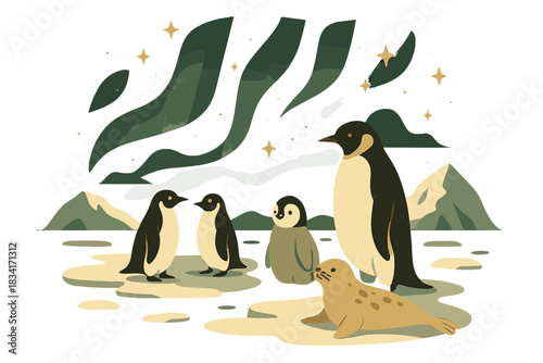 Aurora Over Ice. Aurora-lit polar scene. Penguins and seals on icy ground under glowing northern lights, tiny