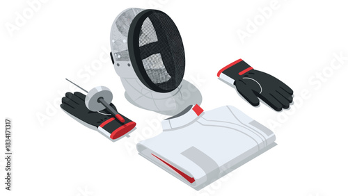 Fencing equipment set with mask, gloves, and jacket in isometric style