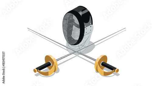Isometric fencing equipment with mask and crossed foils