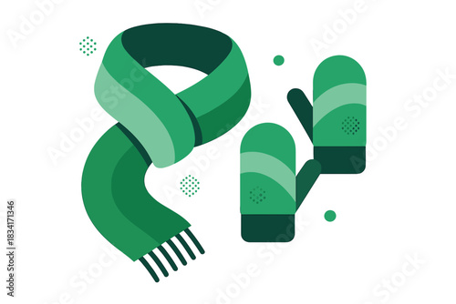 Knitted Scarf and Mittens. Knitted Scarf and Mittens. Flat minimalist vector illustration of Knitted Scarf and