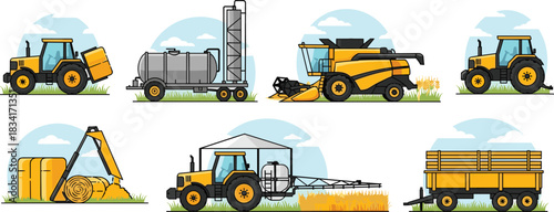 Farm machinery illustration, tractor loader, combine harvester, sprayer equipment, hay bales, transport trailer, agricultural tools, crop spraying, silo tank