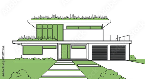 Modern house green roof architecture design home exterior drawing