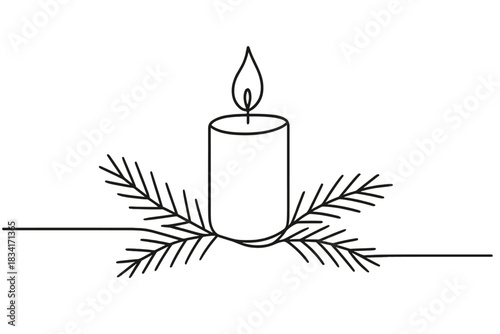 Minimalist Candle Design. Contemporary festive scene. Minimalistic one-line drawing simple candle and pine