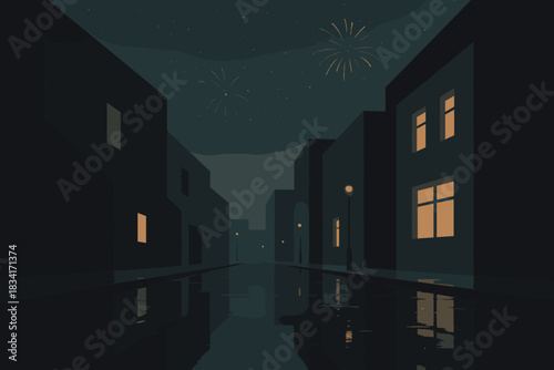 Midnight Reflections. Midnight street reflections minimalist flat illustration of angular buildings and wet