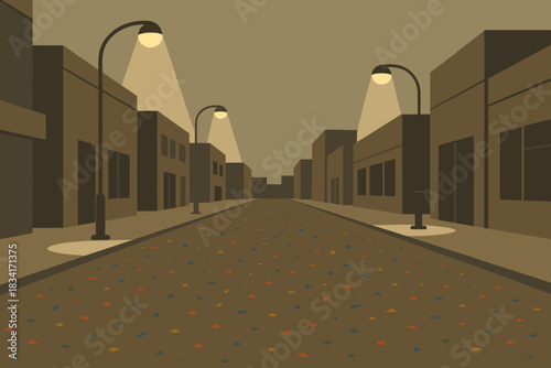 Midnight Street Celebration. City street after midnight celebration minimalist flat illustration of empty