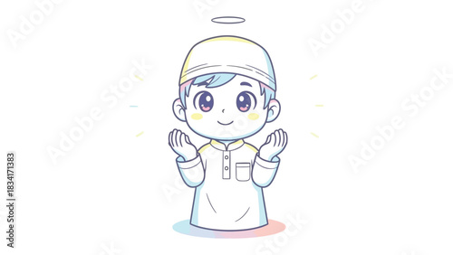Child praying peacefully: An adorable illustration of a young child, donned in traditional attire, raising hands in prayer, symbolizing devotion and serenity. The child is a representation of purity.
