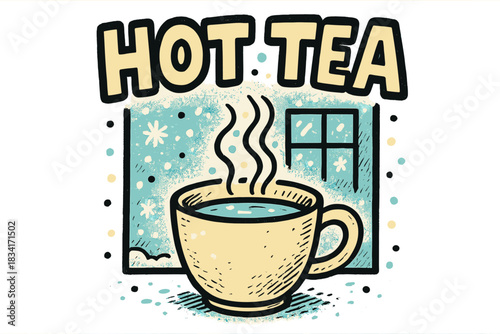 Cozy Cup by Window. Cup of tea by frosty window. bold doodle lettering, thick black outline, playful marker