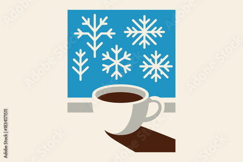 Minimalist Tea by Frost. Cup of tea by frosty window. geometric sans heavy, flat fills, long angled soft