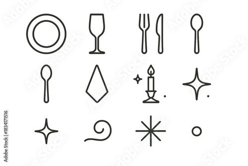 Elegant Table Icon Set. Elegant black-and-gold table setup. Line outline icon set of Elegant black-and-gold