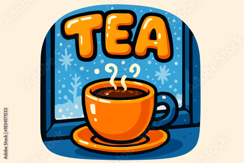 Cozy Tea by Window. Cup of tea by frosty window. playful cartoon bubble lettering, rounded cozy shapes, thick