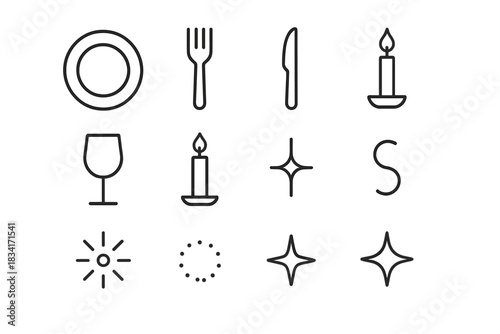 Flat Lay Icons. Flat lay table setting. Line outline icon set of Flat lay table setting: dinner plate, fork,