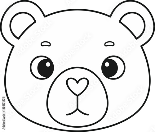 Cute black and white line art of a cartoon bear face, featuring a heart-shaped nose