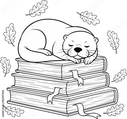 Cute black and white outline drawing of a sleeping otter resting on a stack of three large books, surrounded by falling oak leaves