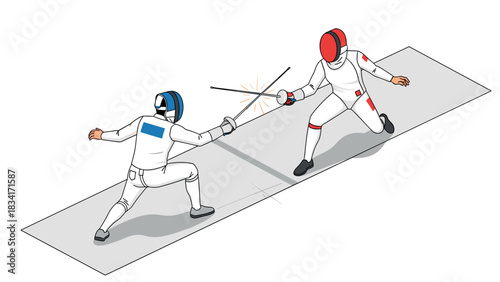 Dynamic fencing duel: two athletes in action on the piste