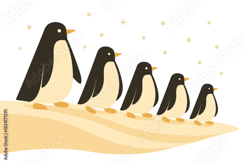 Penguin Parade Art. Snowy Penguin March. Flat minimalist vector illustration of a Snowy Penguin March.