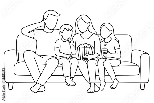 Family Movie Night. Relaxing movie time. Minimalistic one-line drawing family cuddled on sofa with snacks