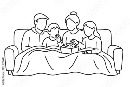 Cozy Family Movie Night. Winter movie night. Minimalistic one-line drawing family cuddled on sofa with popcorn