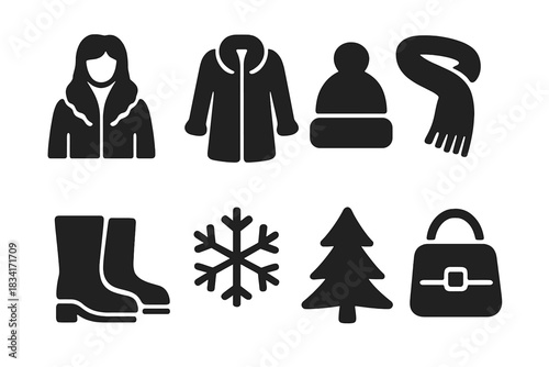 Winter Fashion Icons. Fur coat winter look. Filled icon set of Fur coat winter look: woman, fur coat, hat,