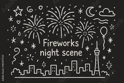 Fireworks Doodle Night. Fireworks night scene. Hand-drawn doodle illustration of Fireworks night scene.