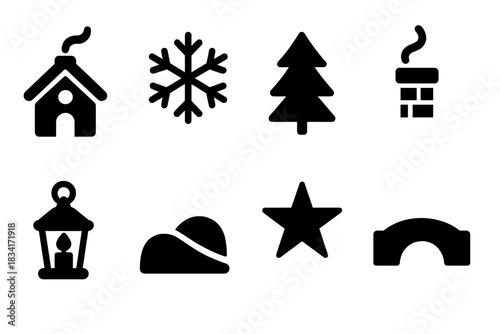 Winter Hamlet Icons. Winter magical hamlet. Filled icon set of Winter magical hamlet: house, snowflake, pine
