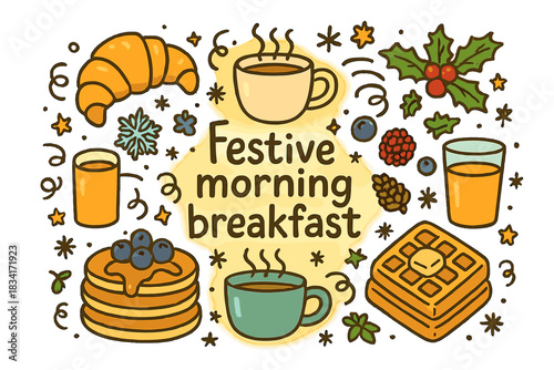 Festive Breakfast Delight. Festive morning breakfast. Hand-drawn doodle illustration of Festive morning