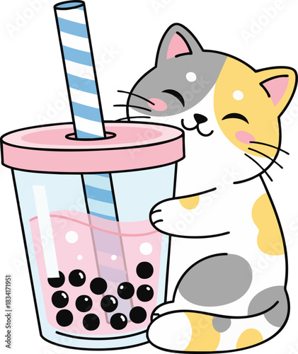 Cute calico cat cartoon happily hugs a pink bubble tea with boba pearls in a charming vector illustration