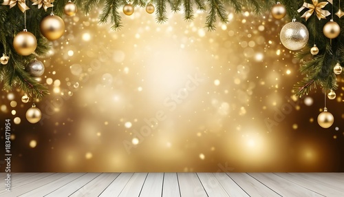 Sparkling golden Christmas background with festive baubles and fir branches, set against a bokeh light display with a wooden surface