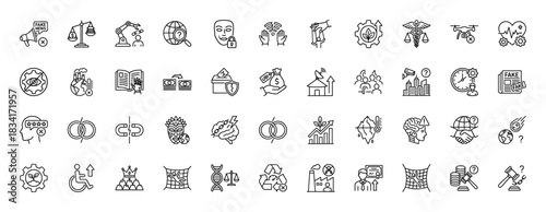 Global issues and future technology line icon set. Vector pictograms of fake news, drone, finance, and climate, thin outline illustration.