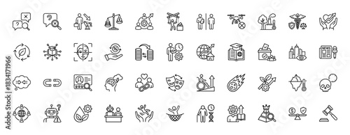 Ethical, social, and technological line icon set. Vector pictograms of decision-making, finance, environment, and healthcare, thin outline illustration.