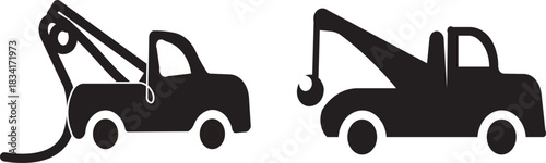 Black tow truck icon with a lifting hook on transparent. Three tow trucks line art icons 