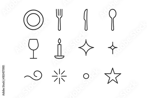 Minimal Table Icons. Minimal table setup. Line outline icon set of Minimal table setup: simple plate, fork,