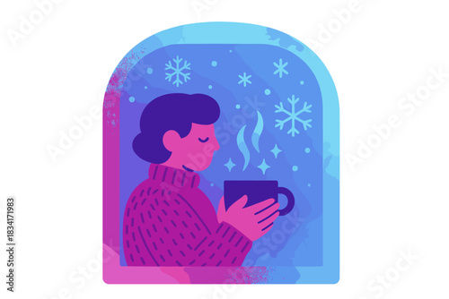 Cozy Winter Window. Frosted window vignette. Person in chunky sweater holding a cup, snowflakes drifting