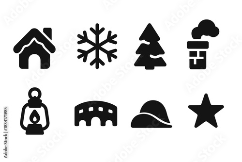 Magical Snow Village Icons. Snow-covered magical village. Filled icon set of Snow-covered magical village: