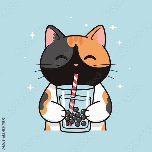 Cute calico cat character happily sipping bubble tea with a striped straw and dark tapioca pearls
