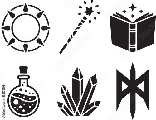 Black silhouette icons of magic wand potion crystals book and rune symbols bottle