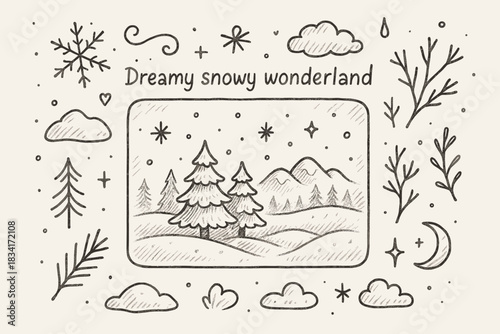 Dreamy Snowy Wonderland. Dreamy snowy wonderland. Hand-drawn doodle illustration of Dreamy snowy wonderland.