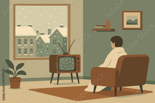 Retro Snowy Cityscape. Snowy city view minimalist flat illustration of living room TV watching scene with snow