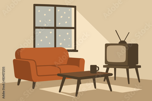 Minimalist Winter Retreat. Minimal winter relaxation minimalist flat illustration of sofa, TV, and angular