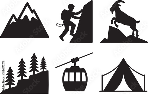 Black silhouette icons of mountains climber goat trees cable car and tent peak snow